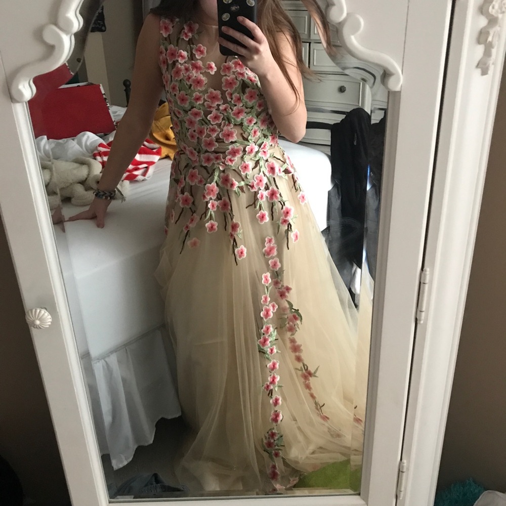 Tan and sheer top prom dress